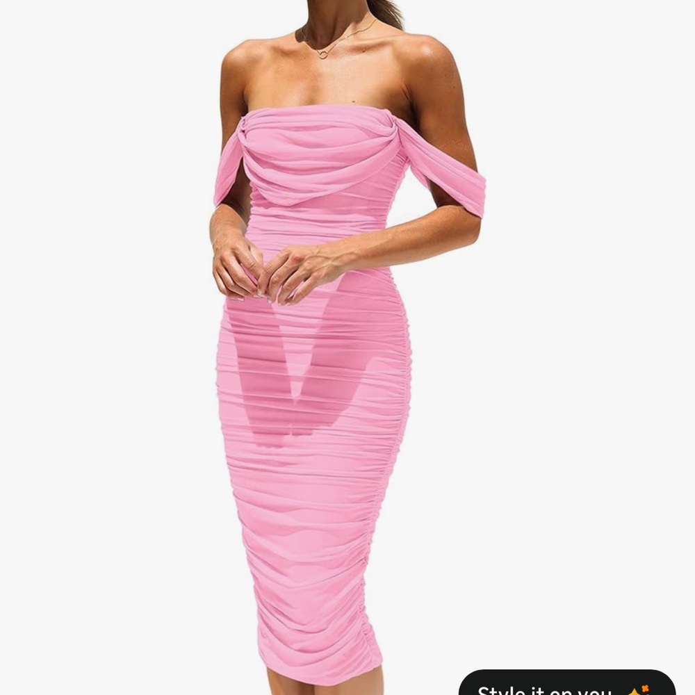 Pink Strapless Ruched Midi Dress with Draped Off-Shoulder Sleeves
